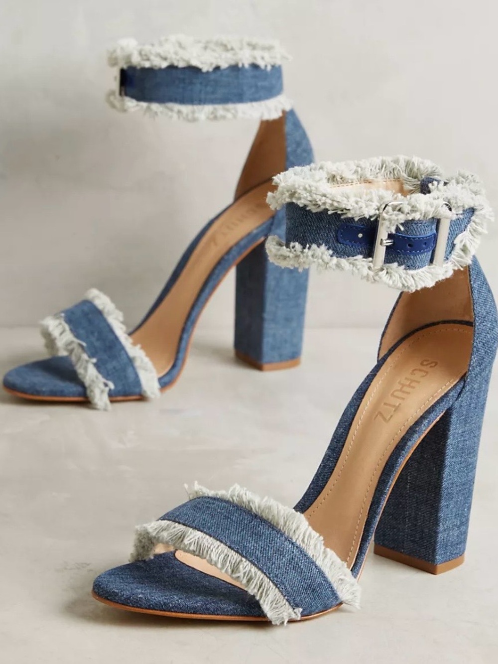 Anthropology Schutz Janessa Denim Santorini frayed block heel sandals 5.5 Blue
